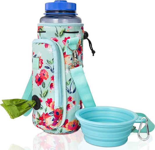 Made Easy Kit Water Bottle Carrier with Pocket for Dog Poop Waste Bags and Adjustable Padded Shoulder Strap (Tall & Large (40oz) with Bowl, Teal Floral)