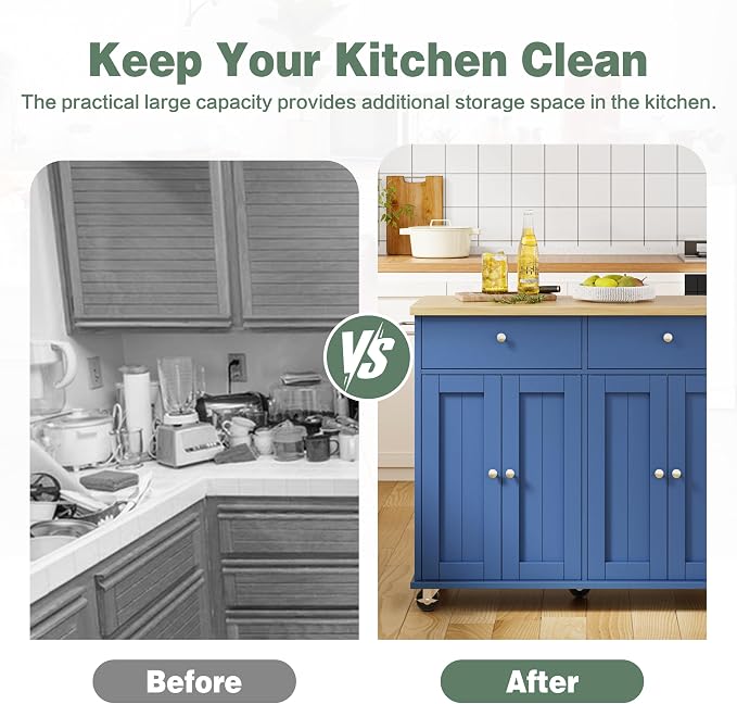 JY QAQA 39" Kitchen Island on Wheels with Storage Cabinet Kitchen Cart Cabinet with Shelves, Cart Handle for Towel Rack or Free Mobility, Portable Islands, Blue