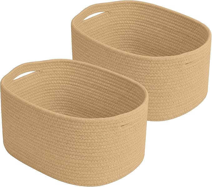 ECDYQXVU 15x10x9 Inch Woven Cotton Rope Storage Basket, 2 Pack | Foldable Design, Built-in Handles, Space-saving Organizer for Living Room, Bedroom, Laundry, Shelves, Clothes, Towels