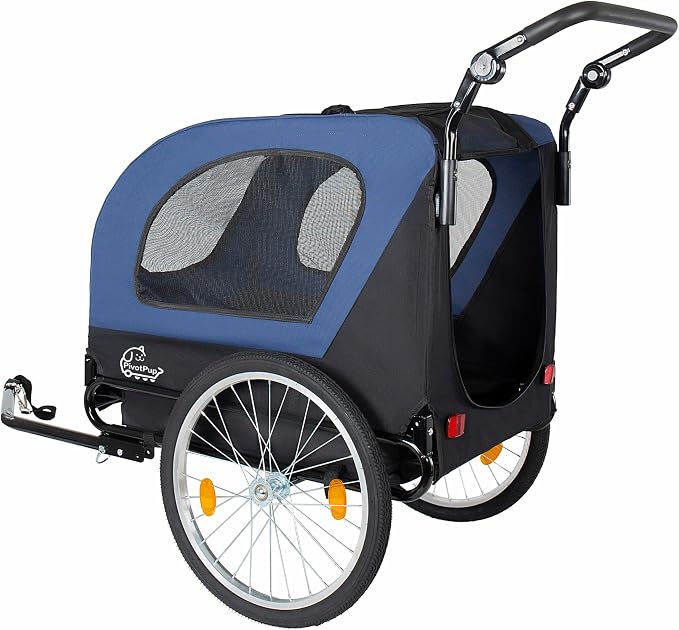 2-in-1 Bike Trailer & Pet Stroller for Dogs up to 110lbs– Foldable Pet Carrier Cart with Front Caster & 20'' Quick Release Air-Filled Wheels, Breathable Mesh and PVC Rain Cover, Dark Blue