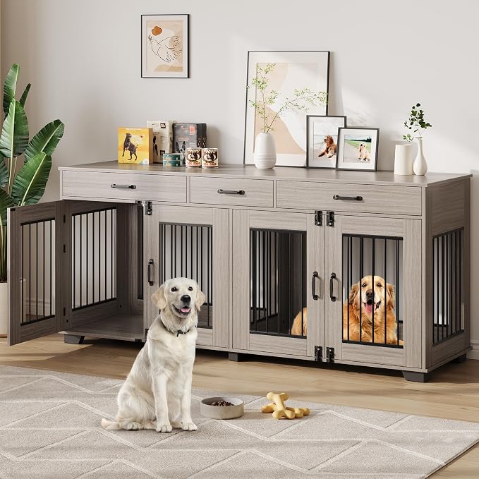 IDEALHOUSE 71-Inch Large Dog Crate with 3 Drawers for 2 Dogs, Grey | Dog Kennel Furniture, Large Breed Dog Crate and TV Stand for Medium-Large Dog