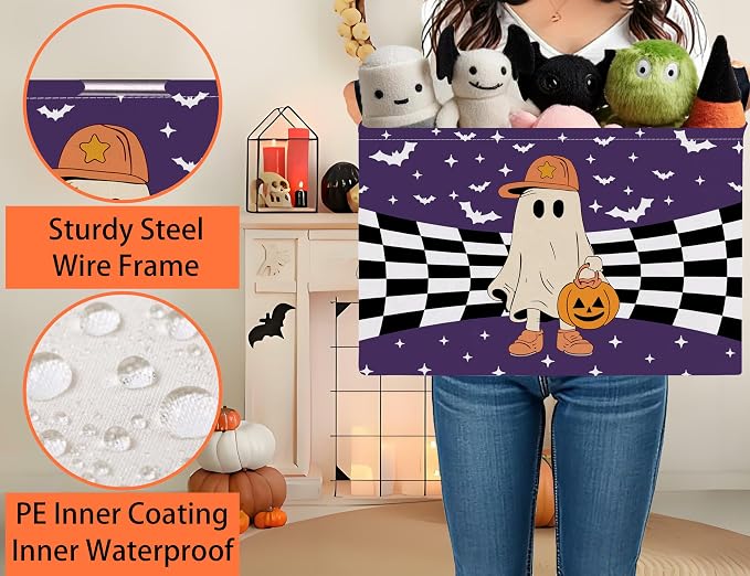 Large Halloween Themed Candy Gift Boo Basket for Kids Baby Personalized Adults Storage Bin Fall Decor(Baseball Hat Grid Spooky)