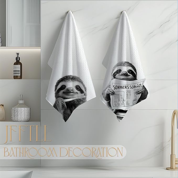 Funny Sloth Bathroom Hand Towels, Sloth Gifts for Women, Animal Lover Gifts, Black and White Cute Animal Hand Towels for Bathroom Washroom Restroom Decor, 16x24 Inch, Set of 4