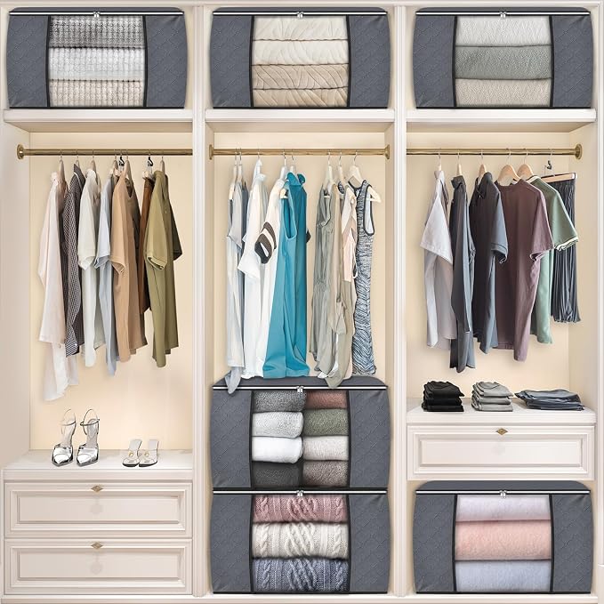 90L Clothes Storage, Foldable Thick Fabric Blanket Storage Bags | Foldable Containers with Zippers,Window and Handles for Organizing Bedroom, Closet, Comforter, Bedding,Dorm essentials