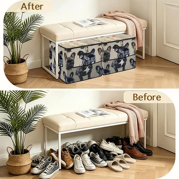 TropicalLife French Bulldog Shoe Organizer for Closet | Foldable Shoe Storage Box Bin 16-32 Pair Shoe Storage for Sneakers, Boots & Heels with Adjustable Dividers, Clear Cover