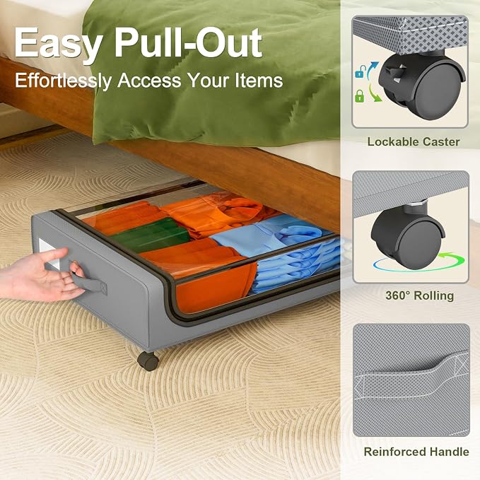 GoMaihe Under Bed Storage with Wheels: 48L Underbed Storage Containers with Lids - Rolling Bins for Shoes Clothes in Dorm Bedroom - Metal Drawers Easy Pull-out Grey 4-Pack