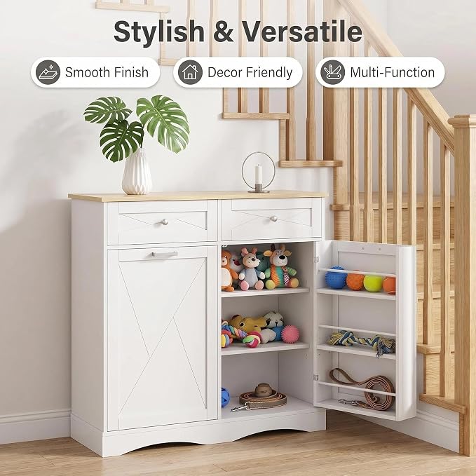 kepptory 37" High Dog Feeding Station with Storage Drawer, Pet Organizers and Storage Adjustable Shelf, Dog Feeder Station, Pet Storage Cabinet for Cats and Dogs (White)