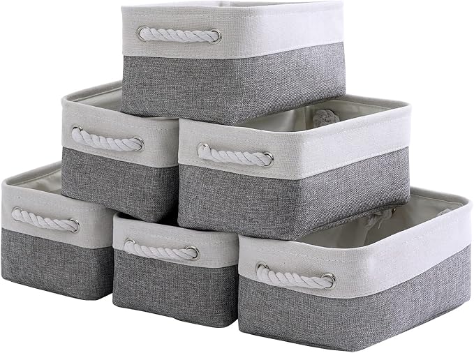 Small Storage Baskets for Organizing,Storage Baskets for Shelves,Small Fabric Storage Bins W/Handles For Closet Nursery Toy Decorative Foldable (White&Grey, 11.8L*7.9W*5.2H-6 Pack)