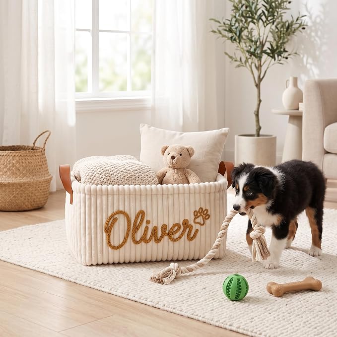 Personalized Dog Toy Basket with Name, Custom Pet Toy Storage Basket for Dogs and Cats, Handmade Puppy Toy Bin for Toys, Leashes, Treats, Blankets, New Puppy Gift
