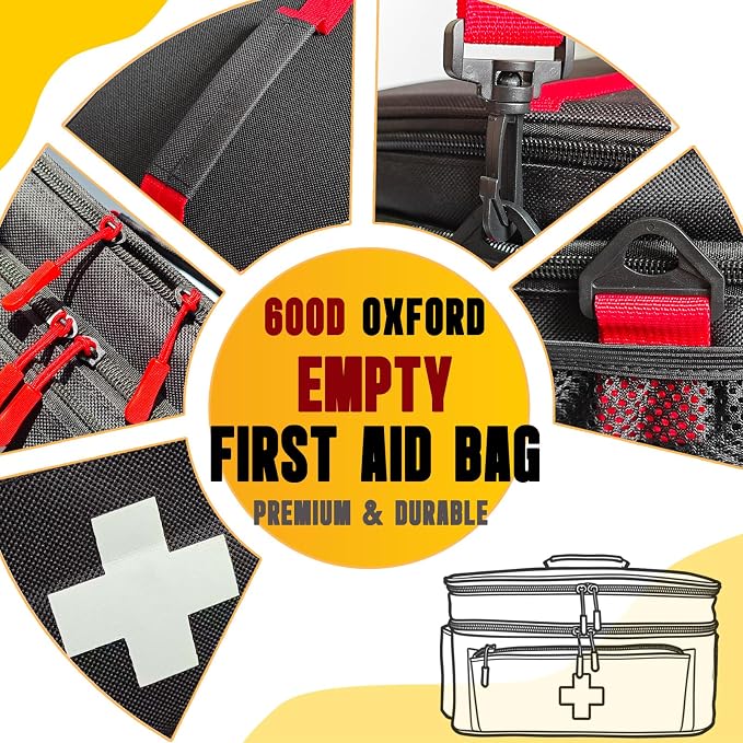 2-Layer First Aid Bag Empty 15¾”x 9½”x7” Medical Bag Large Pill Bottle Box Portable Emergency Bag for Outdoor Travel & Home Use, Medicine Kit Organizer Case with Shoulder Strap (Black)