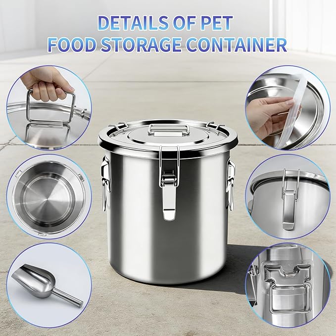30 lb Stainless Steel Dog Food Storage Container, Airtight Metal Pet Food Storage Bin with Lid and Scoop, Large Dog Food Container for Dry Food, Keep Fresh, Easy to Clean