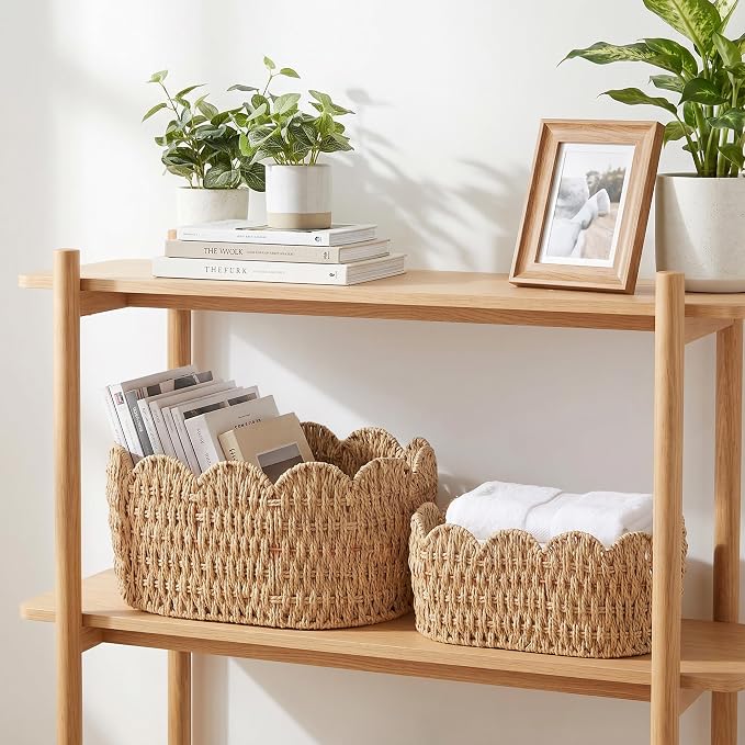 iEGrow Paper Rope Scalloped Basket, Set of 2 Woven Storage Wicker Baskets with Handle for Organizing and Shelves, Cute Boho Oval Baby Baskets for Decor, Towel, Toys, Nursery, Book, Gift Natural