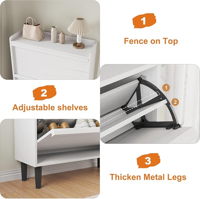 GarveeHome Shoe Cabinet with 2 Flip Drawers, Wooden Shoe Organizer with Adjustable Shelf, Shoe Storage for Entryway, Hidden Shoe Cabinet for Hallway, Living Room, White