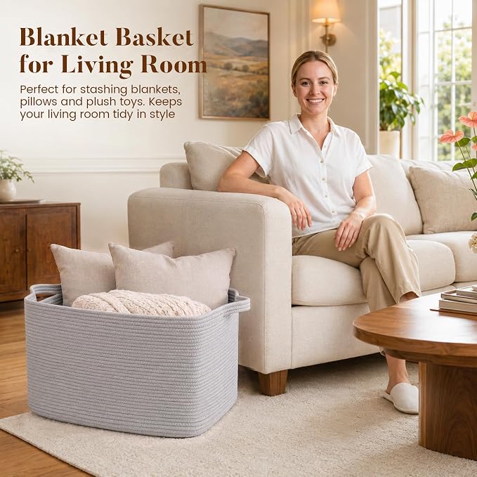 65L Large Woven Blanket Basket for Living Room, 19.7"x15.7"x11.8" | Nursery Laundry Hamper with Handle for Organizing Blankets, Pillows, Toy Storage With Handle, Large Baskets for Organizing