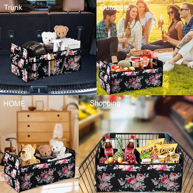 Car Trunk Organizer for SUV, Collapsible Car Storage Organizer Black Floral | Sturdy, Large Capacity, Diamond Decor, Multi Compartment Container Box Adjustable Car Accessories for Sedan Truck