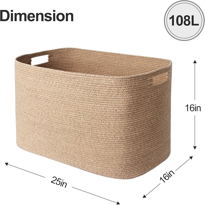 Extra Large Blanket Basket, 108L Rectangle Blanket Storage for Living Room, Woven Cotton Rope Stuffed Animals Storage, Kids Dog Toy Basket Bin Box, Throw Pillow Holder Organizer, 25"x16"x16"