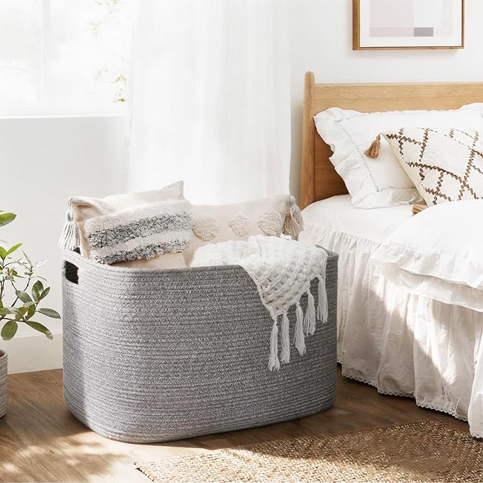 108L Large Storage Basket, 25"x16"x16" Blanket Storage for Living Room, Big Woven Rope Kids Dog Toy Bin Box, Nursery Baby Laundry Basket, Super Large Bin for Blankets, Shoes, Towels, Gray