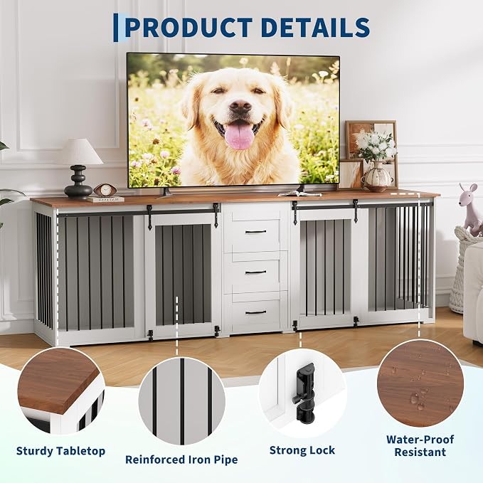 95" Large Dog Crate Furniture for 2 Dogs, Farmhouse Wooden Dog Kennel with 3 Storage Drawers, Heavy Duty Furniture Style TV Stand with Sliding Barn Doors