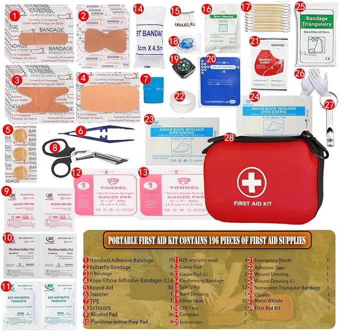 First Aid Kit 196 Piece Waterproof Medical Kit Hard Shell Portable, Red | Waterproof Hard Shell Portable Emergency Kits for Home, Camping, Cars, Hiking, Travel, Outdoor, Adventure