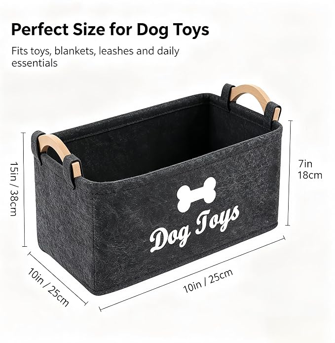 Dog Toy Storage Basket, Felt Pet Toy Organizer with Wooden Handles, Collapsible Pet Supplies Storage Bin for Dog Cat Toys, Treats, Accessories, Home Office Closet Organizer (DarkGray-2)