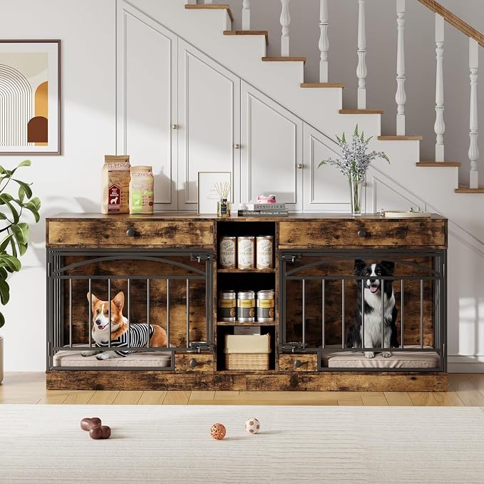 Dog Crate Furniture for 2 Dogs, Double Dog Crate TV Stand, Brown | 78.7'' Large Dog Kennel Indoor, 2 Storage Drawers, 3 Shelves and Feeding Bowls, Pet Kennel for Small and Medium Dogs