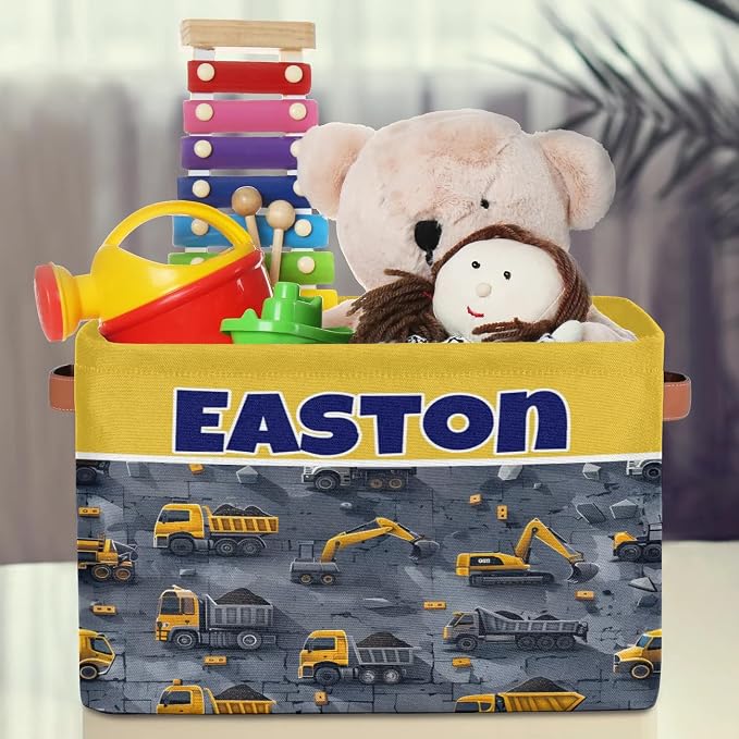 Custom Storage Baskets Name, Personalized Storage Bins Basket Boxes PU Leather Handles for Clothes Bedroom Closet Organizing Toys Books Shelves, Excavator Truck