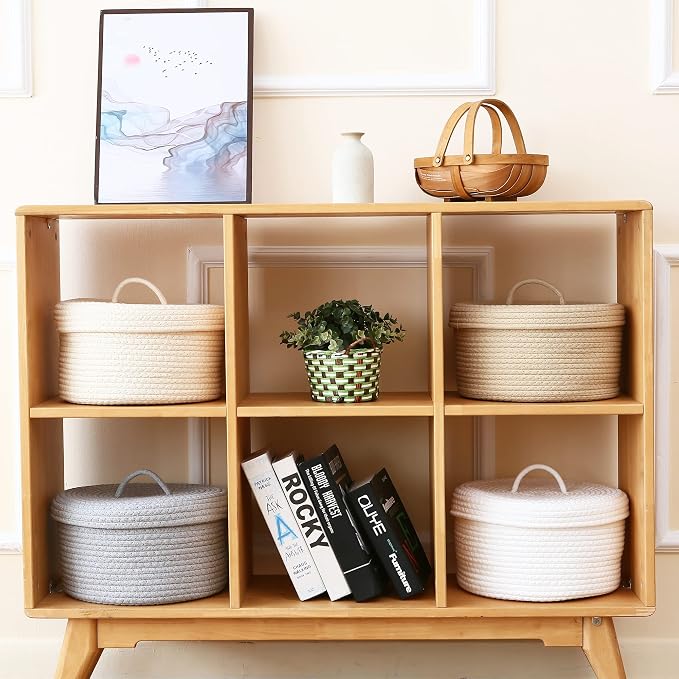 Sea Team Round Storage Basket, Woven Cotton Rope Basket with Lid, White | Decorative Knitted Storage Bin, Multi-Purpose Lidded Organizer for Closet Shelves, Nursery and Household Storage