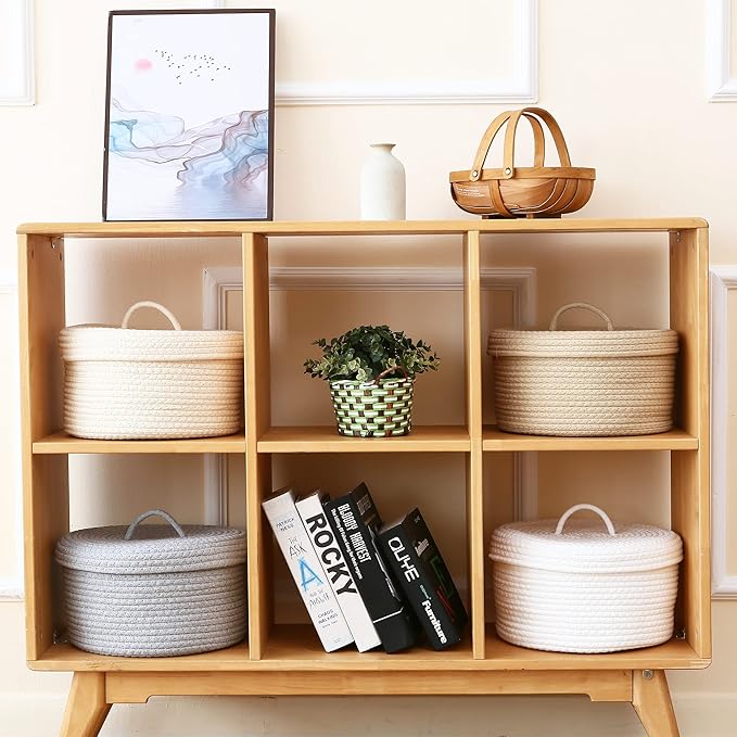 Sea Team Round Storage Basket, Woven Cotton Rope Basket with Lid, Gray | Decorative Knitted Storage Bin, Multi-Purpose Lidded Organizer for Closet Shelves, Nursery and Household Storage