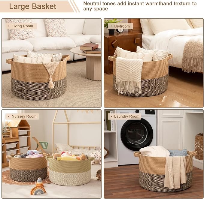 OIAHOMY 90L XXXLarge Blanket Basket for Living Room, 21.7" x 13.8" Woven Cotton Rope Laundry Basket for Organizing Pillows, Decorative Stuffed Animal Toy Storage for Nursery, Jute and Black