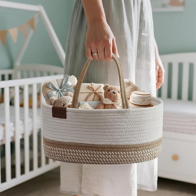 DECOMOMO Baby Caddy Organizer, Large Diaper Caddy Basket | Baby Baskets for Baby Shower (Spiral Beige & White)