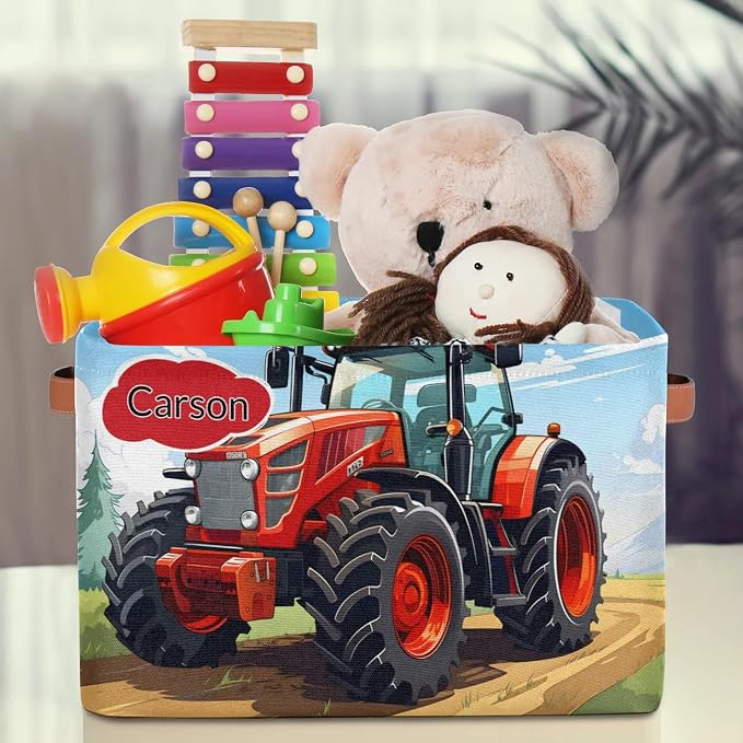 Personalized Name Storage Basket with Handles, Canvas Storage Bins Toys Clothes Organizer for Bedroom, Kitchen, Bathroom, Nursery, Shelves, Closets, Rural Farm Tractor