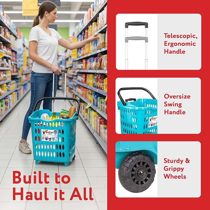 dbest products Bigger GoCart Grocery Cart Rolling Shopping Laundry Basket on Wheels Hamper with Telescopic Handle Cleaning Caddy Trolley, Teal, Bigger 1 pack