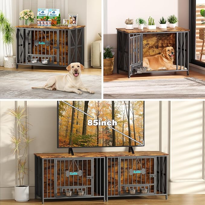 Easycom Foldable Large Dog Crate Furniture, 41.3" Assembly-Free Dog Crates for Large Dogs, Wooden Dog Kennel Indoor with Tag & Dog Bowls, Dog Cage Use as TV Stand, Rustic Brown | Foldable Large Dog Crate Furniture for Large Dogs, Wooden Dog Cage Use as...