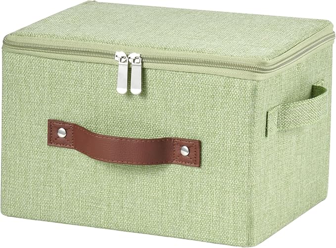 Storage Bins with Zipper Lids Decorative Lidded Baskets Boxes | Clothes Container, Closet Shelf Organizer, Foldable Washable, Cotton Linen Fabric, w/ PU Leather Handles, Green, Small