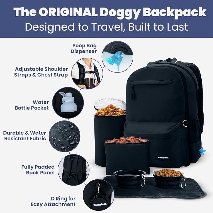 Dog Travel Backpack for Supplies - Dog Diaper Bag with Travel Bowls | 2 BPA-Free Bowls; Food Container & Treat Pouch; Placemat; Laptop Sleeve; Poop Bag Dispenser, Hiking, Camping & Road Trips,