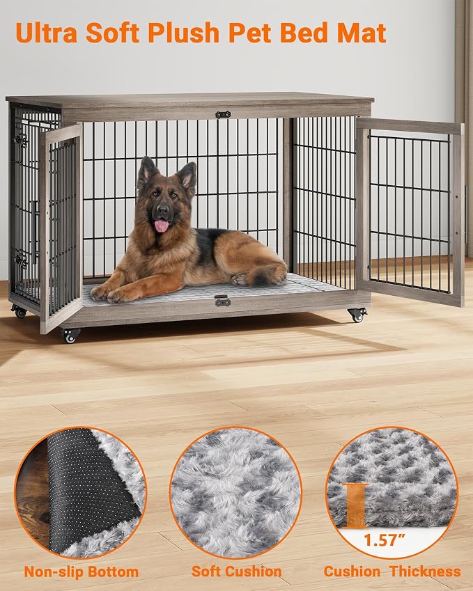 YaFiti Dog Crate Furniture, 44" Wooden Indoor Dog Kennel, 2 Pack, Grey | Cushion, Wheels, Double Doors, for Large Dogs, Up to 85 lb, Furniture Style, Side End Table, Decorative Pet Cage House