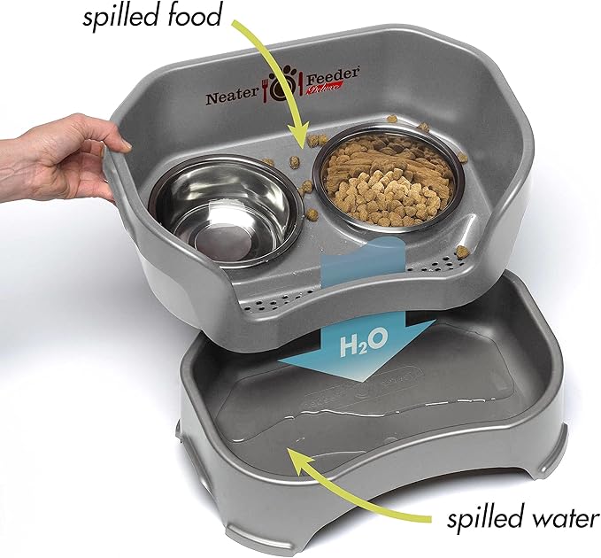 Neater Feeder Deluxe Mess-Proof Elevated Dog Bowls for Small Dogs (Up to 19 lbs), 2 Height Adjustable (6” & 7.5”) No-Spill Raised Dog Bowl Stand, Stainless Steel Food Bowl Set, Made in USA, Gunmetal
