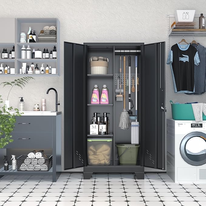 61" Metal Storage Cabinet with Lock for Garage, Utility Closet | Broom Closet with Lockable Doors, Pegboard & Shelves, Steel Tool Cabinet for Home Office, Laundry Room, Living Room, Black