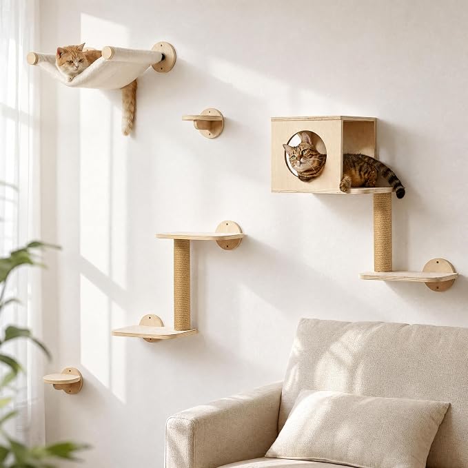 FUKUMARU Cat Wall Shelves, 5 in 1 Set, Beige | Stable Wooden Wall-Mounted Furniture Set, Kitty Climber with Hammock, House, Steps, Scratching Post