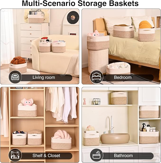 ICERZCZ Storage Baskets for Shelves, Woven Storage Basket, Bins for Cube Storage, Cotton Rope Basket with Handles for Toy, Book, and Clothes Living Room, (4 Packs) Off White & Brown