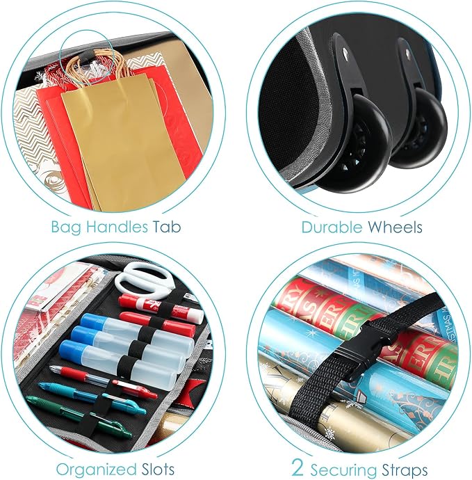 Hearth & Harbor Holiday Storage with Extra 2 PC of Christmas Storage Bins and Ribbon Storage Organizer - Fade Resistant Wrapping Paper Storage Containers with Wheels Fits Up to 30 Rolls of 40" Length