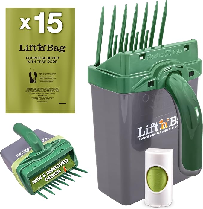Neater Pet Brands Lift N’ Bag 2.0 Dog Pooper Scooper with Bag Attachment for Small to Large Dogs, New & Improved Design, 15 Refill Bags, Heavy Duty Dog Poop Scooper for Yard & Walks, One-Hand Use