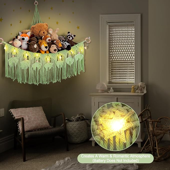 Macrame Stuffed Animal Storage with Star Light, Corner Hammock for Nursery | Corner Hanging Stuffed Animal Net Organizer for Girls' Room, Plushies Toy Wall Hanging Display Holder, Kid Gift
