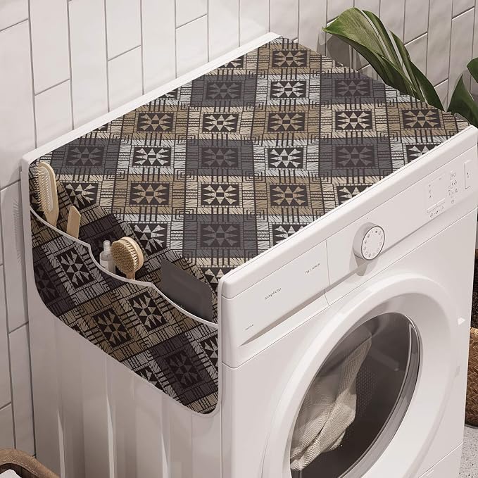 Ambesonne Abstract Washing Machine Organizer, Embellishment of Ethnic Traditional Structures, Anti-slip Fabric Cover for Washers and Dryers, 47" x 18.5", Dimgray Grey