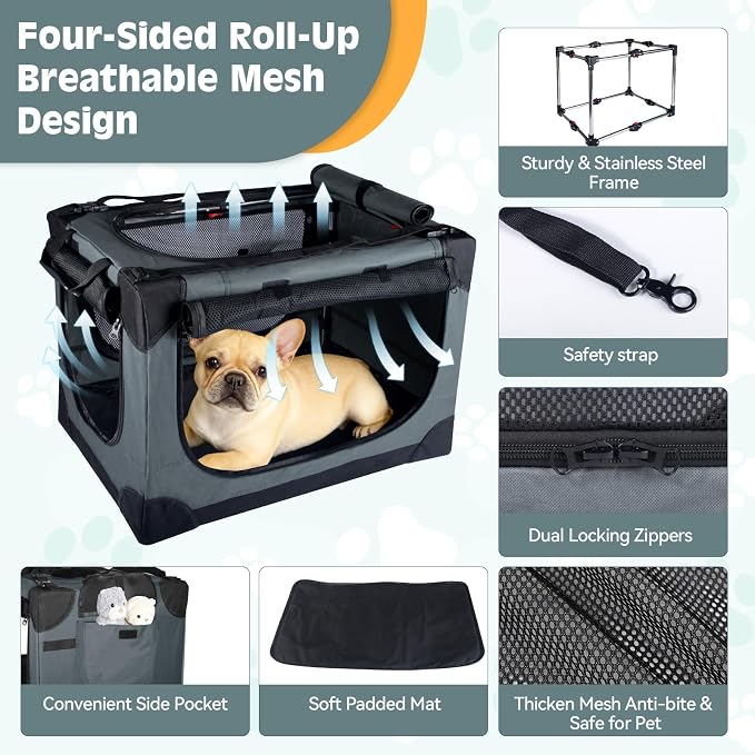 24 inch Small Dog Crate - for Small Dogs, Portable Travel Pet Crate with 4 Mesh Doors, Foldable Car Kennel for Puppy with Handle for Indoor and Outdoor, Gray