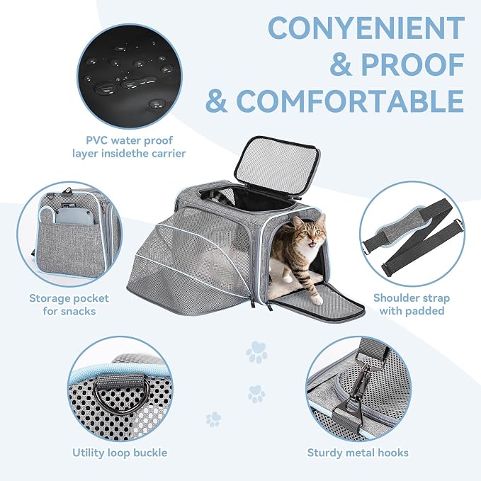 Petsfit Small Expandable Cat Carrier for Air Travel, Up to 9 lb | 16 x 10 x 9 in; sized for Alaska Airlines, with locking zippers, an interior safety tether and multi-side ventilation.