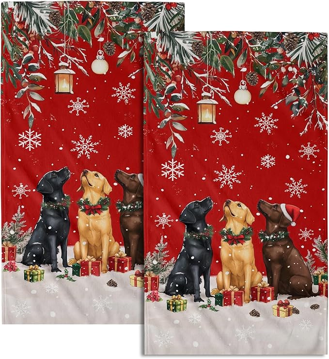 Giwawa Christmas Dog Towel Set of 2, Xmas Snow Pine Cones Funny Puppy Decorative Hand Towels, Winter Snowflake Presents Soft Microfiber Face Towel Washcloth for Bathroom Guest Gym Spa Hotel