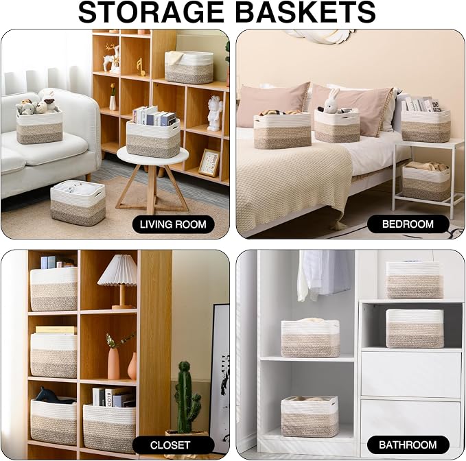ICERZCZ Shelf Baskets for Organizing, Storage Baskets for Shelves, Woven Baskets for Storage, Cotton Rope Baskets with Handles for Toy, Book, Clothes, 12.5"Lx9.1W"x7.9H", (4 Packs) Gradient Brown