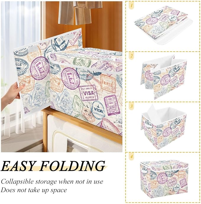 Passport Stamp Fabric Storage Bins with Lid Foldable Storage Boxes Baskets | Decorative Storage Boxes, Foldable & Stackable, Dust-Proof Flip Top, Reinforced Handles, For Home & Dorm, Clothes & Toy Box