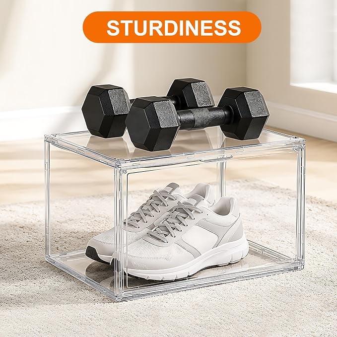 NYZE 12 Pack Acrylic Shoe Boxes Side Open, Clear Shoe Box Plastic Stackable, Shoe Storage Organizer with Magnetic Door, Shoe Display Shoe Containers with Lids Fits Up to Size 15